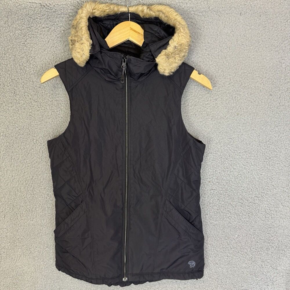 Mountain Hardwear Vest Womens S‎ Black Sleeveless Full Zip Hooded Faux Fur